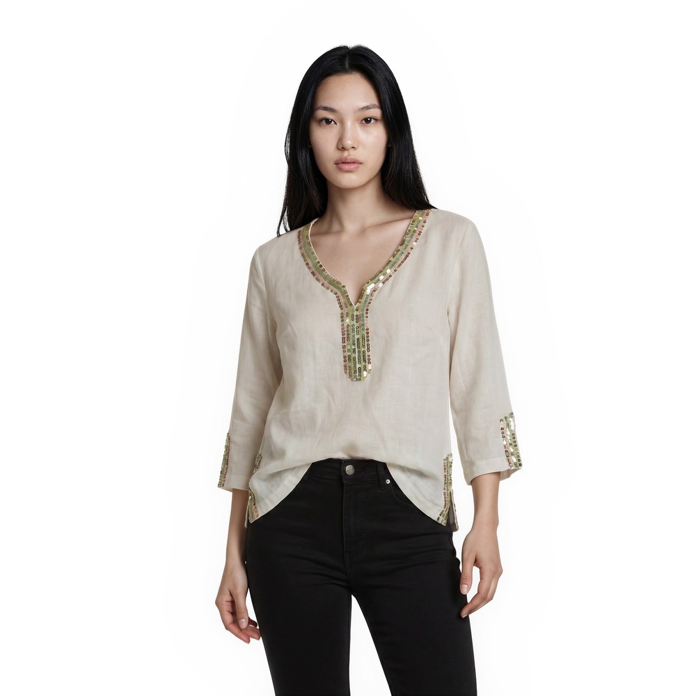 Anne Carson 100% Linen Tunic Top Women's Size Large White Linen Sequin Blouse